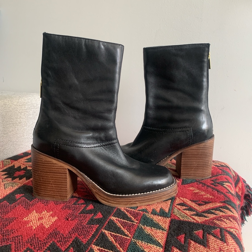 Free People PORTWOOD Block Heeled Boots in Black Leather